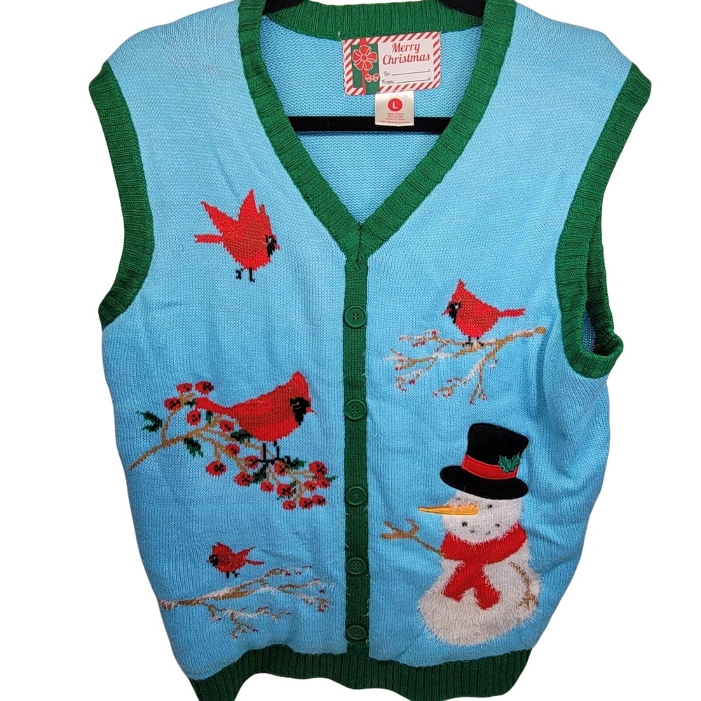 Merry Christmas Pullover Ugly Sweater Vest Cardinals Snowman Bird Blue Size Lg